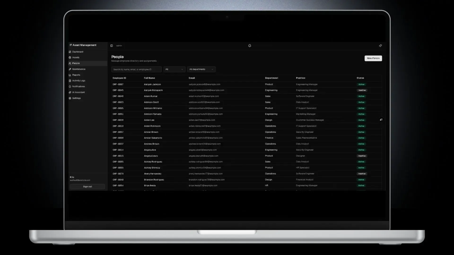 IT Asset Management System — The employee directory. A searchable list of all people in the organization with their department, position, status, and contact info. Click a person to see their detail page or assign them assets.
