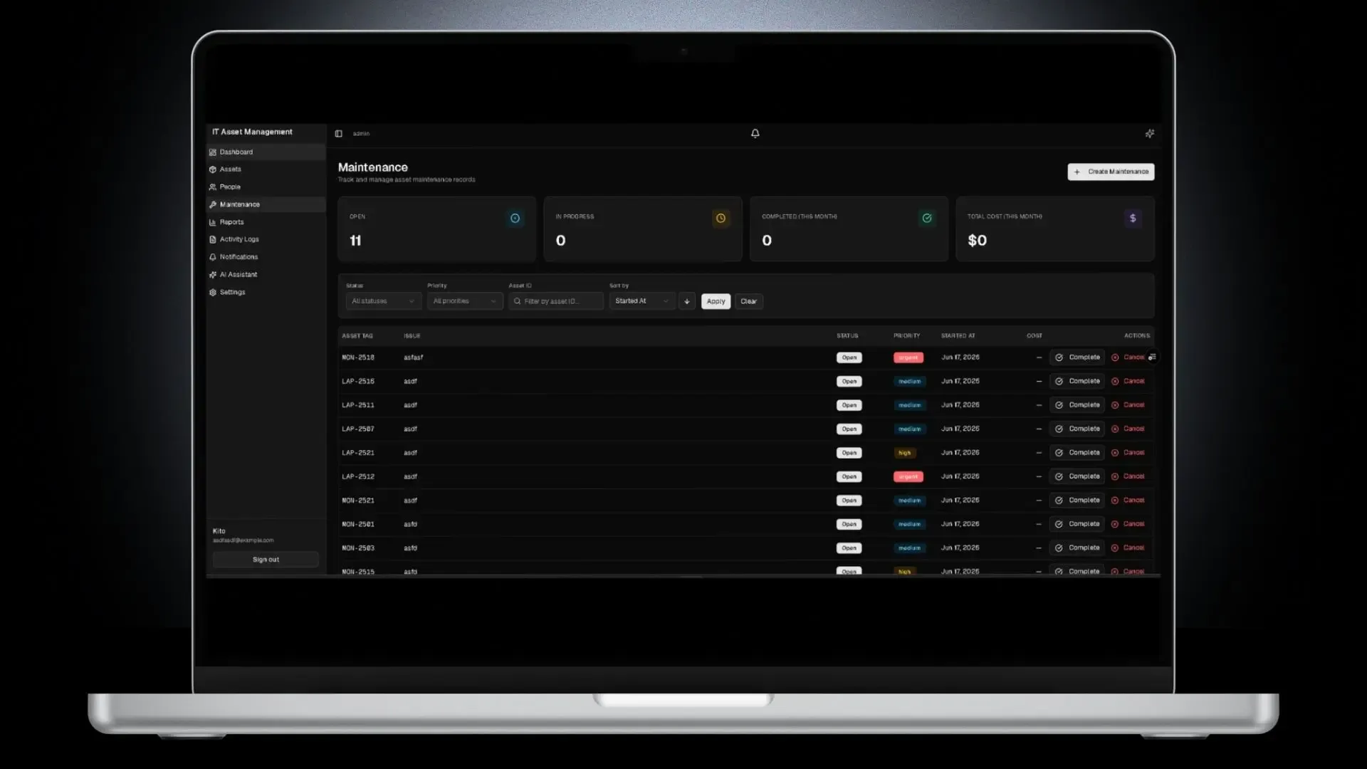 IT Asset Management System — A list of all maintenance tickets across all assets. Filter by status (open, in progress, completed, cancelled) and priority. Open a ticket to view details or mark it as in progress / completed.