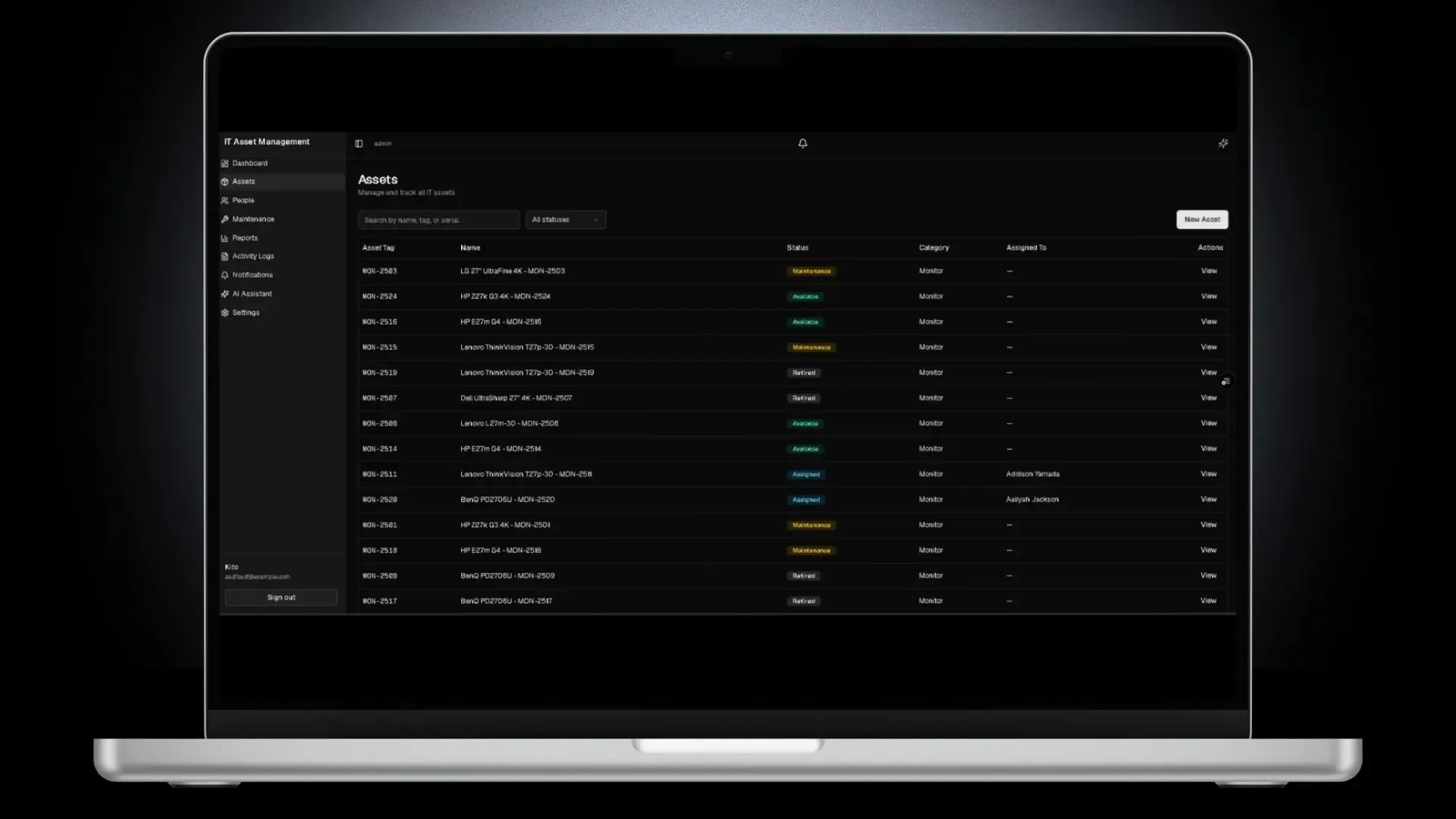 IT Asset Management System — The asset list page. A searchable, filterable, sortable table of all equipment in the system. Supports pagination and lets you drill into individual assets, assign them to employees, return them, reti