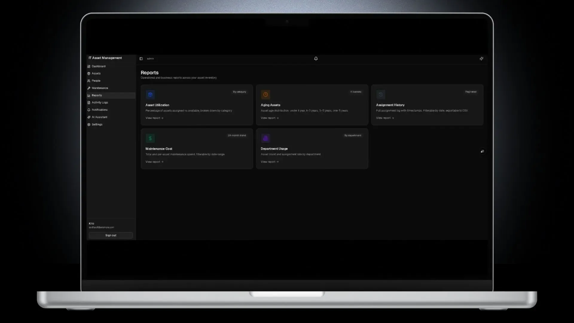 IT Asset Management System — A landing hub that links to all the available reports in the system.