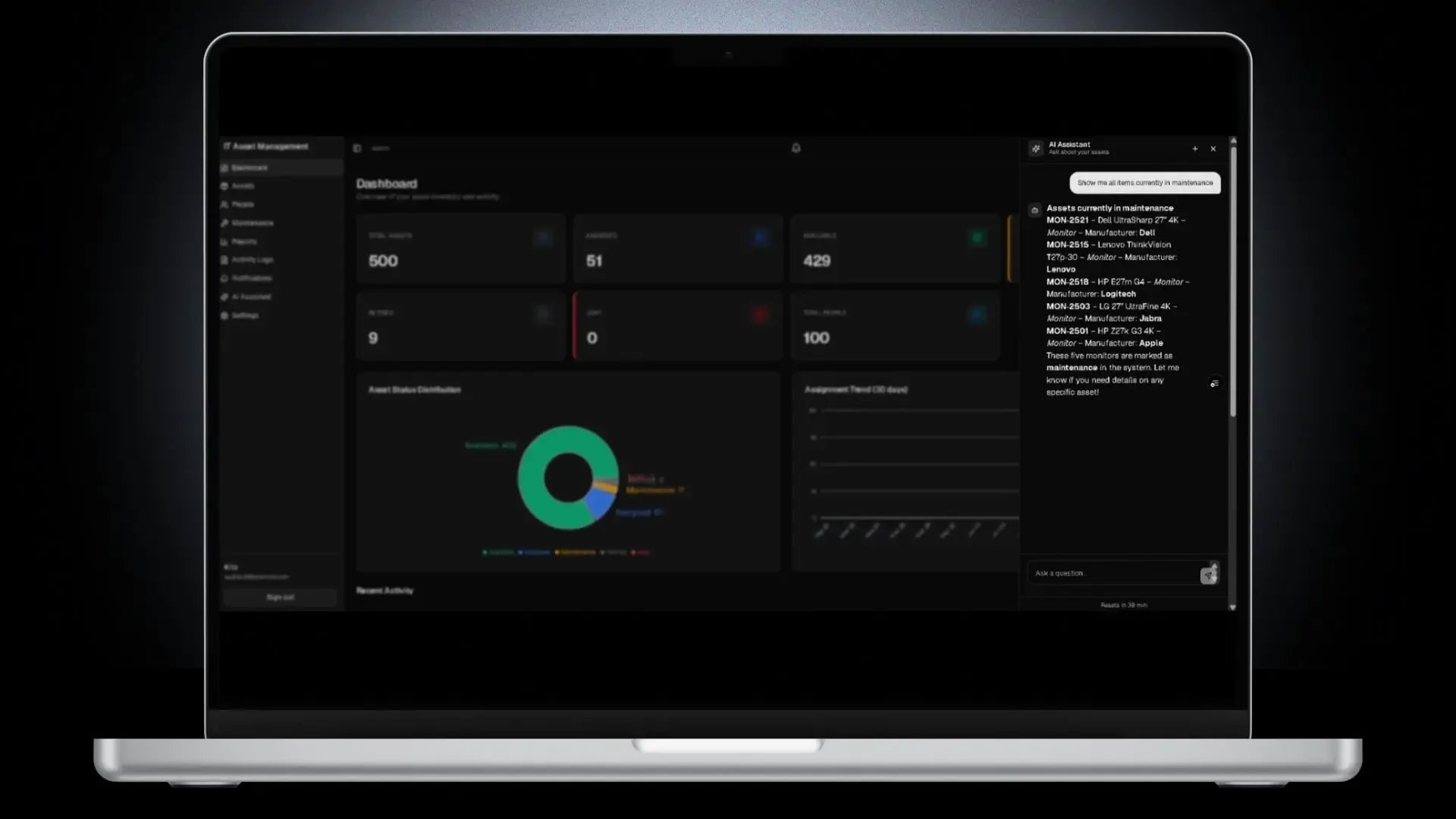 IT Asset Management System — A chat-style interface where you can ask questions about your data in plain English (e.g., "Show me all unassigned laptops", "Which assets need warranty renewal this quarter?"). The AI reads from a wh