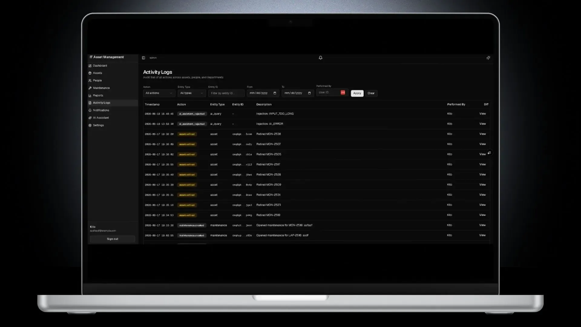 IT Asset Management System — A complete, filterable audit trail of everything that has happened in the system. Filter by action type, entity type, entity ID, date range, or person. Every change is recorded here with before/after
