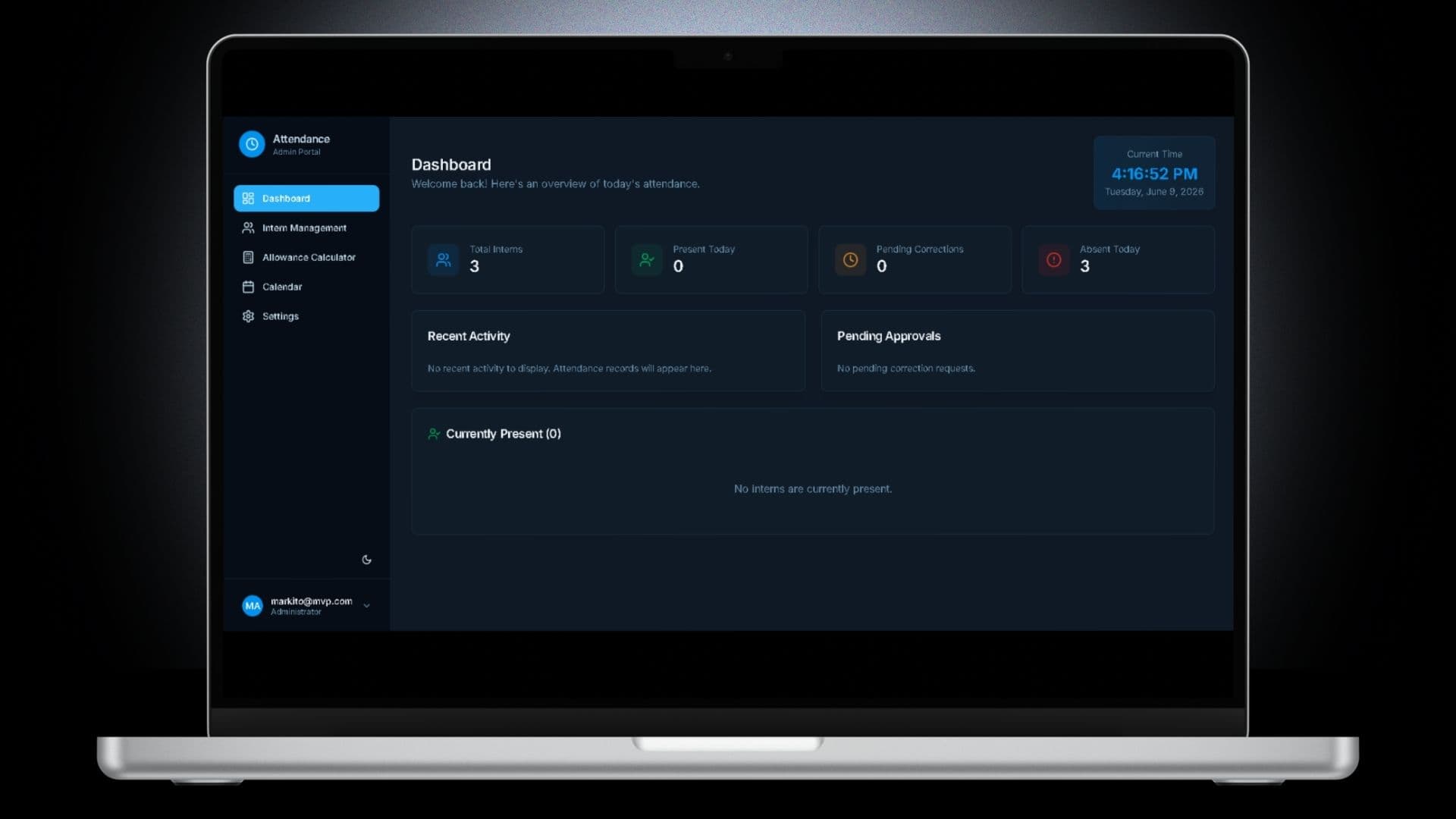 MVP Intern Attendance Management System — Dashboard Page Overview of Intern Attendance with Real Time Tracking