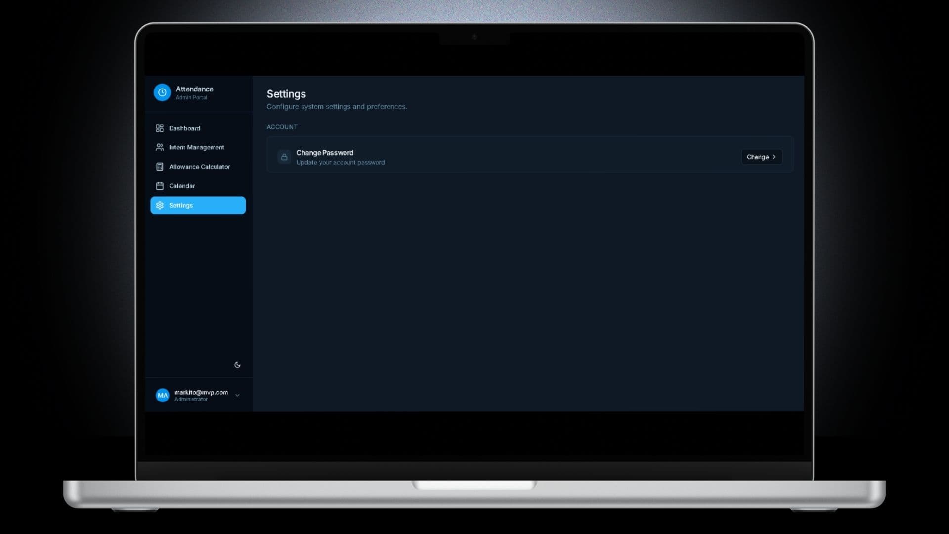 MVP Intern Attendance Management System — Settings Page To update password