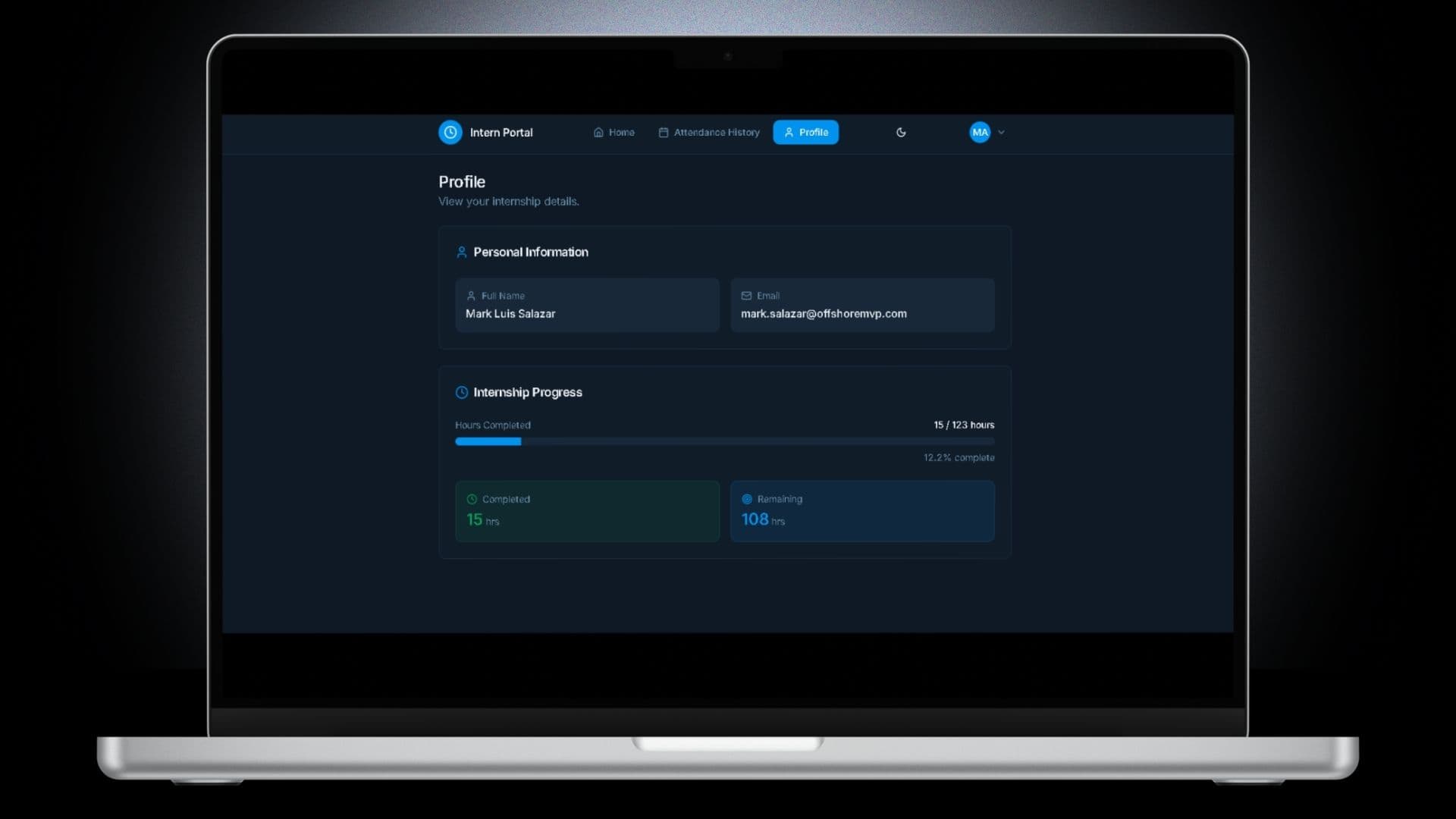 MVP Intern Attendance Management System — Bar Progress Page It shows how much remaining hours of intern's internship