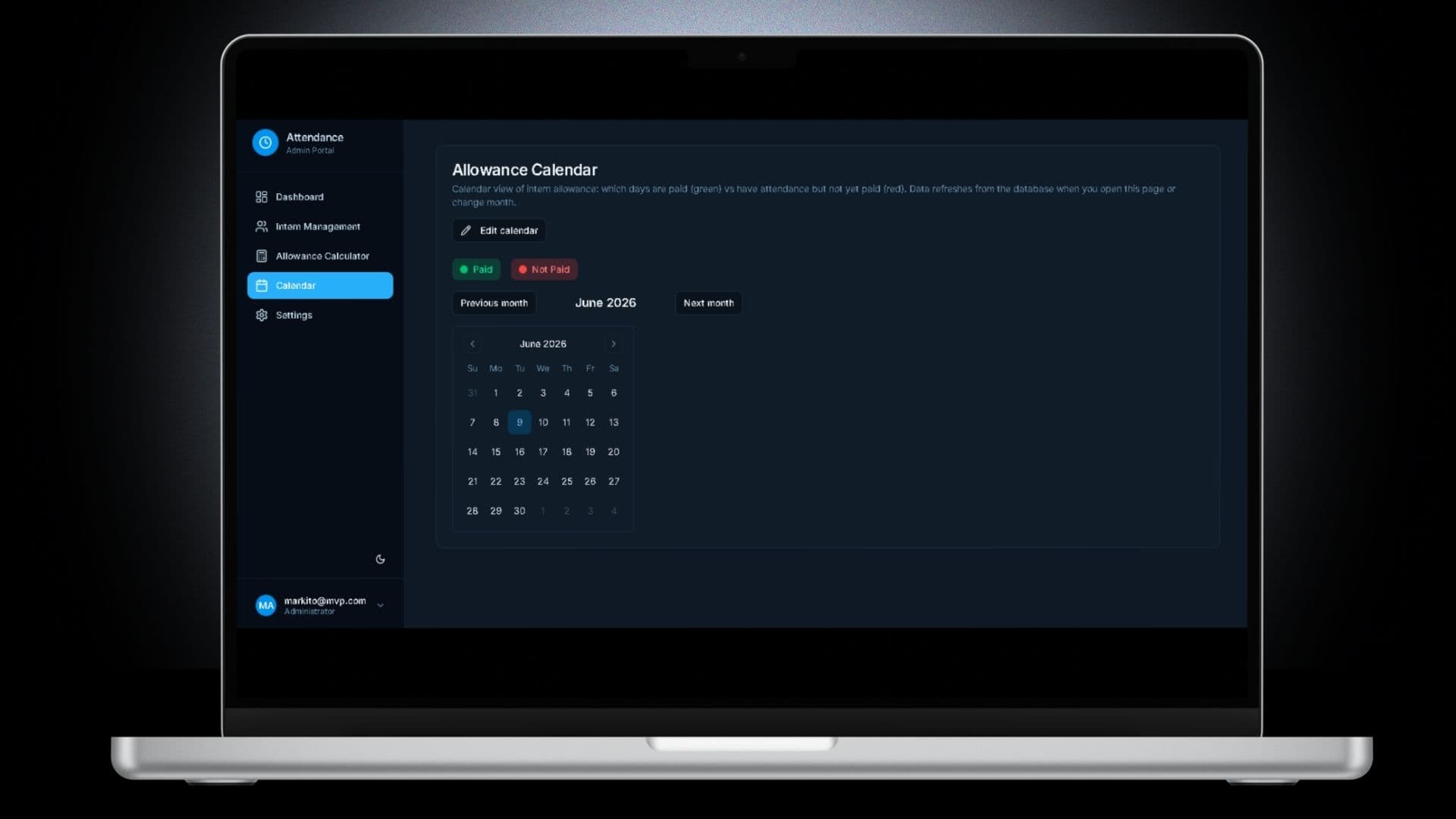 MVP Intern Attendance Management System — Calendar Page It shows whether the intern's present dates are paid or not