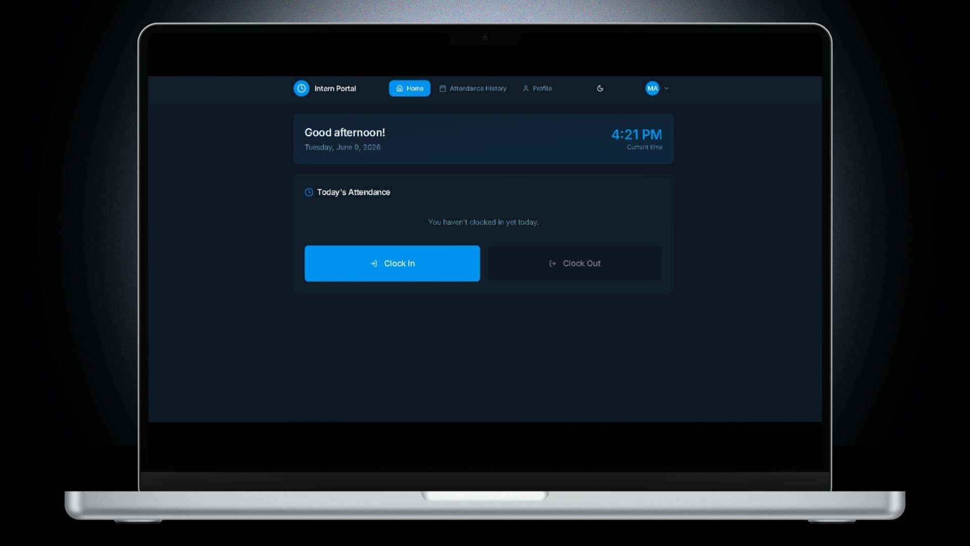 MVP Intern Attendance Management System — Intern's Portal Page Intern's clock in and clock out page