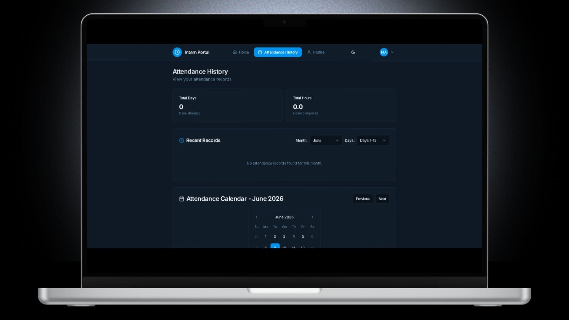 MVP Intern Attendance Management System — Attendance Page Shows recent histories of attendances