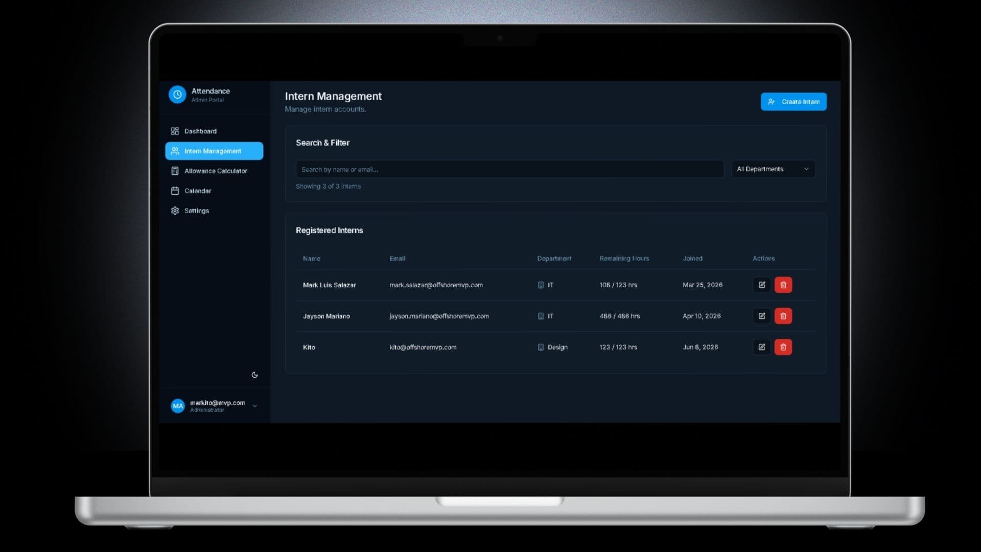 MVP Intern Attendance Management System — Intern Management Page Create, Update, Delete Intern
